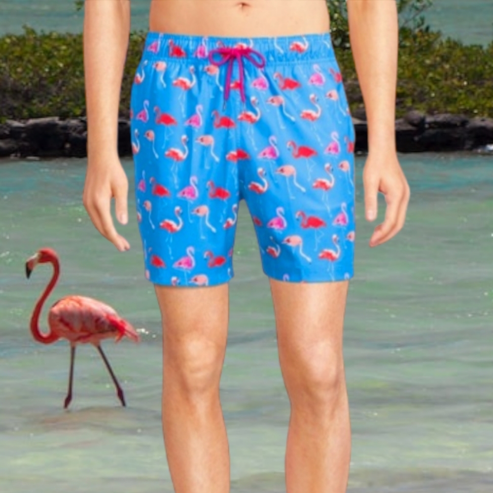 GEORGE Tropical Dopamine Flamingo Print on Blue Classic Swim Trunks Big Man Size